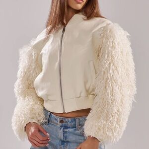 Ivory Fur Sleeve Bomber Jacket
